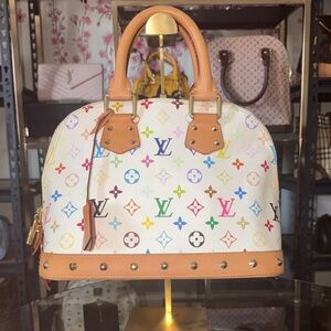 Louis Vuitton White Murakami Multicolor Alma Satchel with Tan Trim